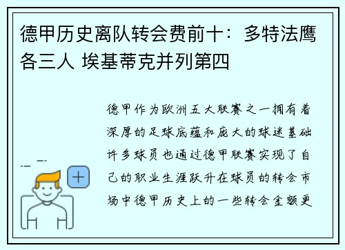 德甲历史离队转会费前十：多特法鹰各三人 埃基蒂克并列第四