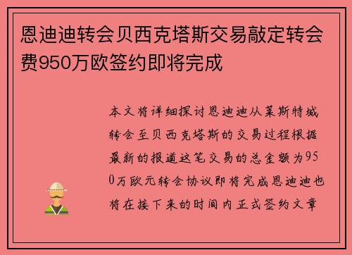 恩迪迪转会贝西克塔斯交易敲定转会费950万欧签约即将完成 恩迪迪转会贝西克塔斯交易敲定转会费950万欧签约即将完成